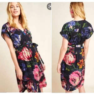 Abito donna Anthropologie Astrid Needlepoint Pixel XS floreale nero cravatta vita - Foto 1 di 9