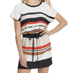 DKNY Womens Ivory Stripe Short Sleeves Casual Dress, Size XS - Picture 1 of 12