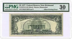 1977 $5 Federal Reserve Note Richmond Fr#1974-E PMG VF 30 Offset Printing Error - Picture 1 of 3