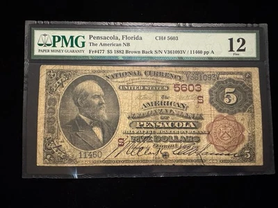 1882 BROWN BACK $5 The American National Bank of PENSACOLA FLORIDA Charter 5603 - Image 1 of 2