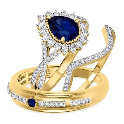 Juego de anillos His Her Trio 2,75 quilates creado en laboratorio zafiro azul 14K oro bicolor Fn Foto 1 de 4