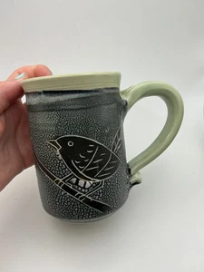 Barbara Prodaniuk Pottery Mug Bird Branch Beautiful Green Tone/Crackled Glazed - Picture 1 of 10