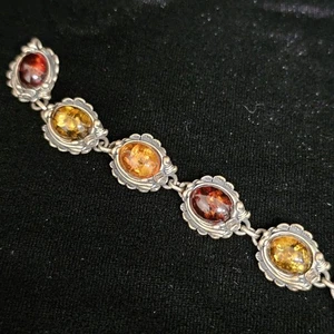 Vintage Sterling Silver Genuine Baltic Amber Multi Color Oval Link Bracelet - Picture 1 of 5