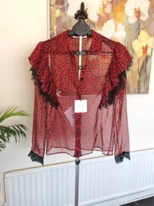 Philosophy Lorenzo Serafini Rüschen Spitze Langarm rot & schwarz Mesh Knopf Hemd - Bild 1 von 14