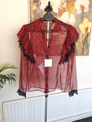 Philosophy Lorenzo Serafini Volantes Encaje Manga Larga Rojo y Negro Malla Botón Camisa Foto 1 de 4