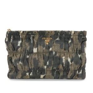 PRADA Logo Canvas Camouflage Gathered Design Clutch Bag Khaki Black Used F/S - Picture 1 of 21