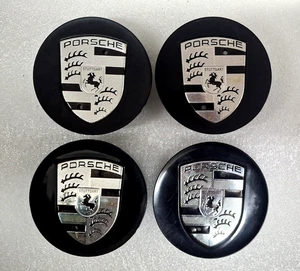 Porsche Gloss Black w/. Silver Crest Wheel Center Caps Set 76mm 4PCS 996 986 up - Picture 1 of 5