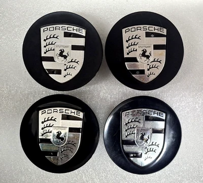 Porsche Gloss Black w/. Silver Crest Wheel Center Caps Set 76mm 4PCS 996 986 up - Image 1 of 4