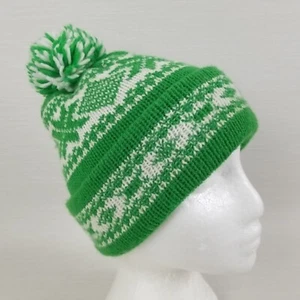 Vintage weiß und grün Strick Bommel Ski Mütze Schnee und Schneeflockenmuster Beanie  - Bild 1 von 5