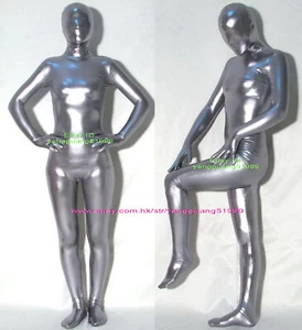 Silver Gray Shiny Metallic Suit Catsuit Costumes Unisex Jumpsuit Bodysuit F531 - Picture 1 of 7
