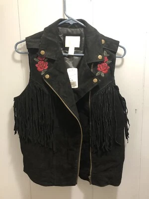 Forever 21 女式中号黑色皮革背心带玫瑰女牛仔骑手 — 第 1/4 张图片