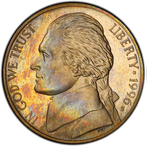 PR67DCAM 1996-S 5C Jefferson Proof Nickel, PCGS- Rainbow Album Toned Cover