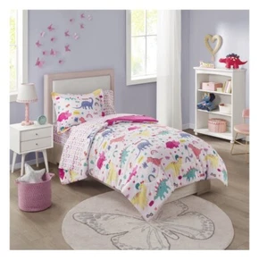 New 7 Twin Piece Girl She Dinosaur Bed in a Bag Comforter Set Sheets - Picture 1 of 9