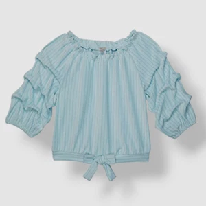 $48 Habitual Kids Girl Blue Metallic Striped Velour Boat Neck Blouse Top Size 12 - Picture 1 of 2