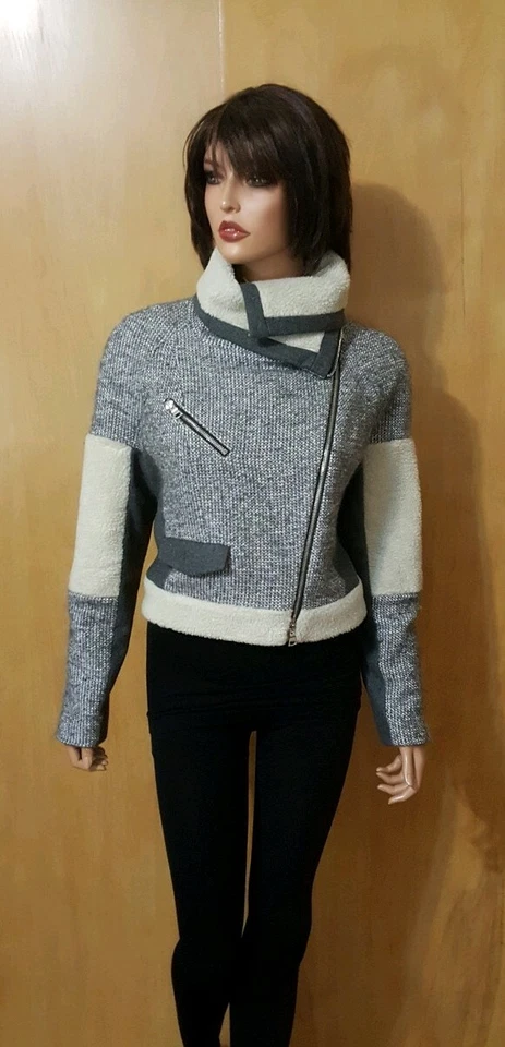 WOMENS CYNTHIA STEFFE TWEED WOOL ALPACA WOOL GRAY/CREAM MILITARY BIKER JACKET ~8 - Image 1 of 4