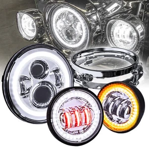 Chrome 4.5” Turn Signal Passing Light + 7” HALO LED Headlight Kit for Harley - Picture 1 of 9