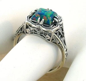 DECO ANTIQUE STYLE 925 SOLID STERLING SILVER LAB-CREATED BLACK OPAL RING 729Z - Picture 1 of 4
