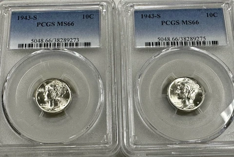 A pair of PCGS 1943 S MS66 Mercury Dime 10C 90% Silver Coins Free Shipping Cover