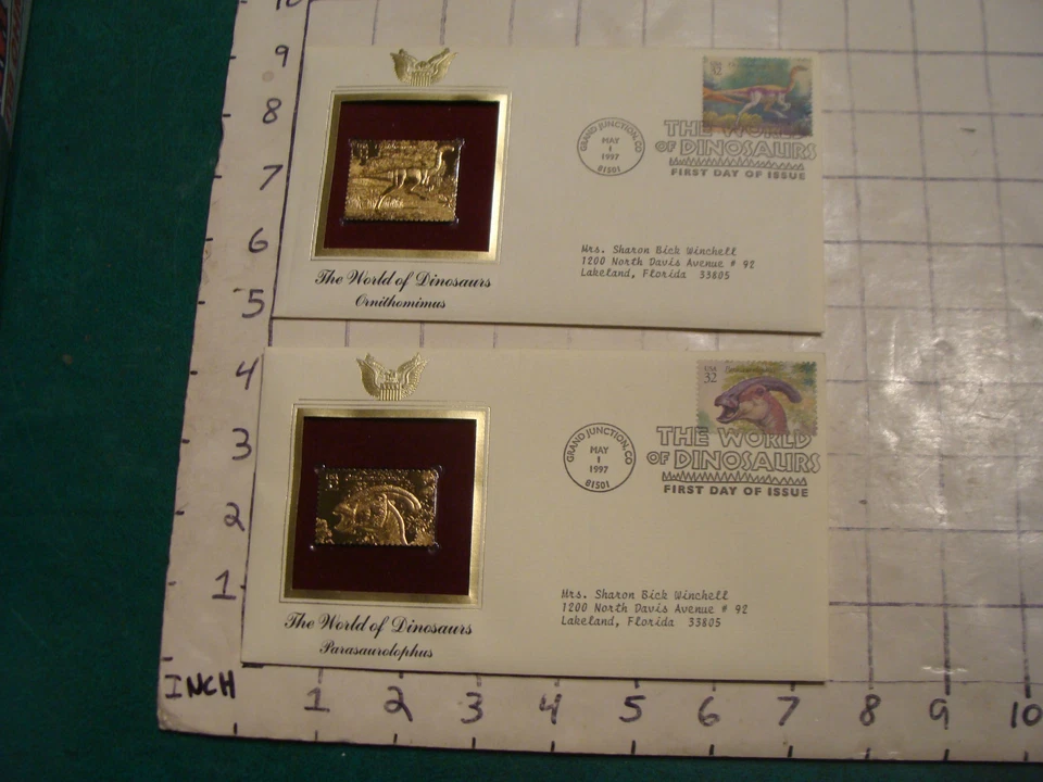 2 World of Dinosaurs Gold stamp covers: Parasaurolophus & Ornithomimus - Image 1 of 2