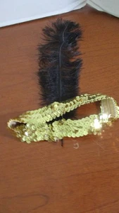 GRANDE FASCIA GATSBY PIUMA E PAILLETTES ORO Flapper accessorio per capelli - Foto 1 di 3