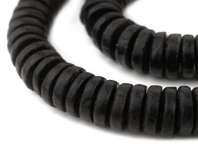 Black Ashanti Glass Disk Beads 20mm Ghana African Large Hole 28 Inch Strand - Image 1 of 4