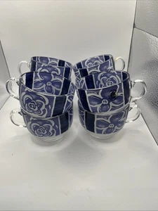 Set of 8 ARC FRANCE Royal Prestige Violet Blue Floral Glass Coffee Tea Mug Cup - Picture 1 of 5