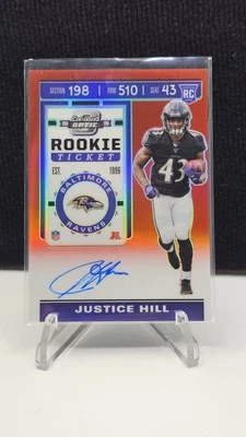 2019 Contenders Optic Justice Hill #/199 Auto Red Prizm Rookie Baltimore Ravens - Image 1 of 2