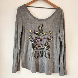Juicy Couture grau Langarm Grafik Tee T-Shirt Oberteil Perlen Krone Y2K Größe L - Bild 1 von 6