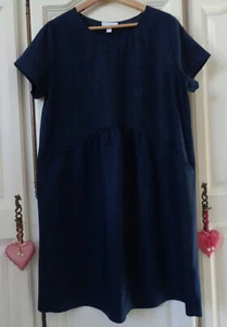 The White Company Navy Blue Linen Gathered Waist Dress Pockets UK12-14 RRP £119 - Picture 1 of 8