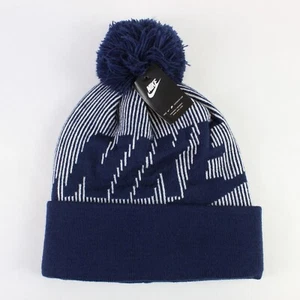 Nike Outdoor Cap Beanie Hat Blue Lined Warmth One Size Pom Logo Spell Out - Picture 1 of 4