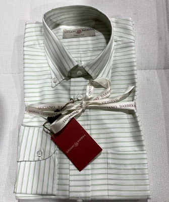 LUCIANO BARBERA Mens Cotton Long Sleeve Shirt white/green horizontal stripes. - Image 1 of 3