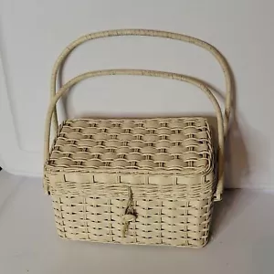 Bolso de mano vintage de mimbre con cierre de botones caja marfil crema cottagecore - Imagen 1 de 12