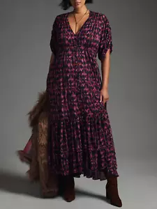 Anthropologie Purple Printed Ruched-Sleeve Mesh Lined Maxi Dress Plus Sz 2X - Picture 1 of 4