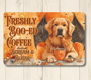 Golden Retriever freshly booed coffee sign bar metal tin dog halloween art decor - Picture 1 of 7