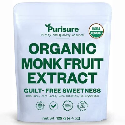 Purisure Organic Monk Fruit Extract 125g for Low-Carb & Keto Diets 400 Servings
