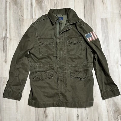 Polo Ralph Lauren Green Military Jacket Coat USA Flag Patch Boy's Size M 10-12 - Image 1 of 4