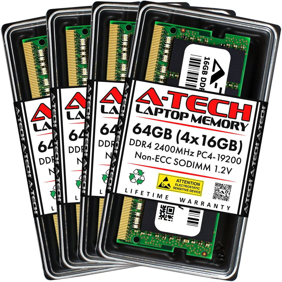 A-Tech 64GB Kit 4x 16GB PC4-19200 Laptop SODIMM DDR4 2400 MHz Non-ECC Memory RAM - Image 1 of 4