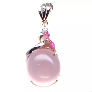 Gemma 19 x 21 MM Quarzo Rosa, Rubino, Zircone Ciondolo 925 Argento Sterling - Foto 1 di 4