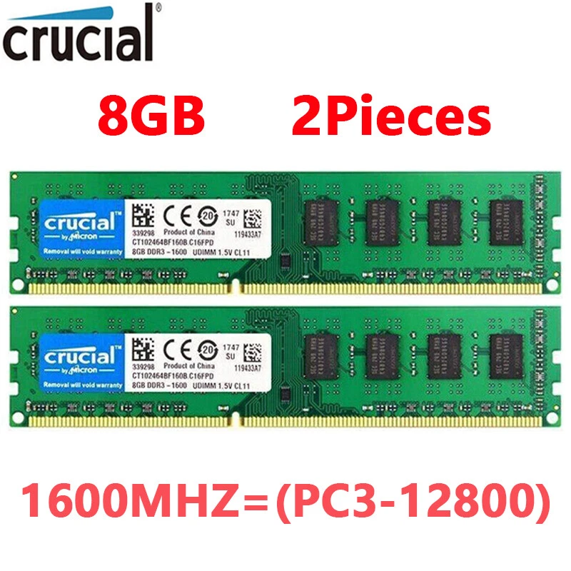 CRUCIAL DDR3 1600MHz 16GB (2x 8GB) PC3-12800 Desktop 240pin DIMM Memory RAM 16GB - Image 1 of 4