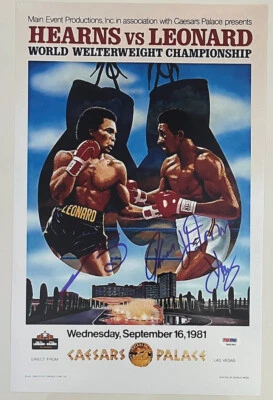 SUGAR RAY LEONARD & THOMAS HITMAN HEARNS SIGNED BOXING 11X17 PHOTO PSA/DNA 2 - Image 1 of 2