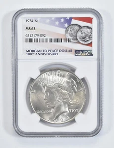1924 MS63 MS 63 Peace Silver Dollar NGC Flag 2021 100th Ann Label - Picture 1 of 5