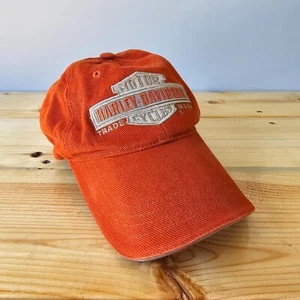 Harley Davidson Hat Cap Big Logo Orange Motorcycles Biker Leather Strap - Picture 1 of 9