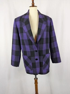 B.E. Blazer Polonia Mezcla Lana Búfalo Cuadros Negro Púrpura De Colección Para Mujer Talla M Foto 1 de 4
