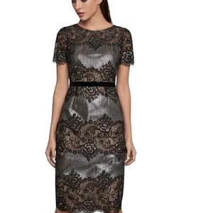 BCBGMAXAZRIA Cocktailkleid Spitze Blumen Metallic Etui Midi schwarz silber Größe 6 - Bild 1 von 16