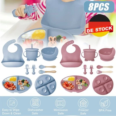 8 Stücke Babyteller Kinderteller mit Saugnapf Teller mit Löffel Gabel Silikon DE - Bild 1 von 4