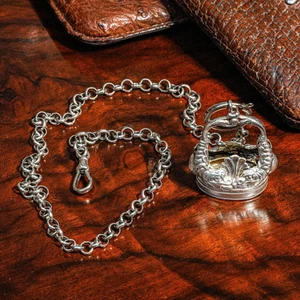 Nice Antique Sterling Silver Pocket Watch Chain Ornate Fob Wax Seal Horseshoe - Picture 1 of 14