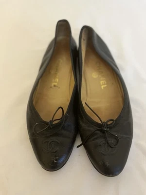 CHANEL Black Leather Ballet Flats Sz 7 1/2 - Image 1 of 4