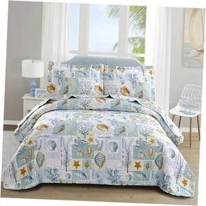 Ocean Beach Theme Quilts Set Full/Queen Size Conch Seashell Starfish Seaweed - Picture 1 of 7