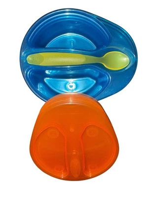 New First Years Baby Food Bowl Lid & Spoon Set Blue Bowl Orange Lid — 第 1/4 张图片