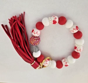 Heart Love Silicone Charm Tassel Wristlet Key Chain Fob Beaded Handcrafted - Picture 1 of 1